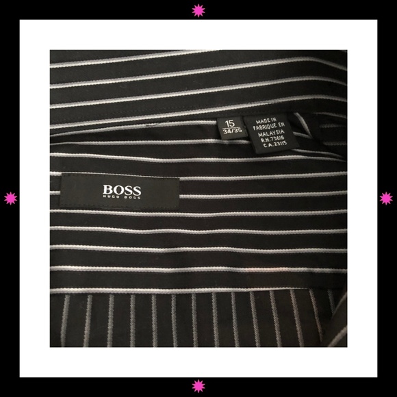 MEN'S LONG SLEEVE BLACK DRESS SHIRT WITH WHITE STRIPES BY BOSS 15 34/35 - Picture 3 of 6